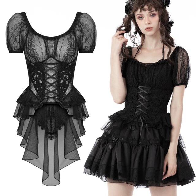 Dark in Love Kurzarm Gothic-Bluse (TW409) aus transparentem Tüll mit großen Spitzen-Applikationen sowie angesetztem Schößchen aus Tüll und Chiffon sowie Schnürung im Rücken