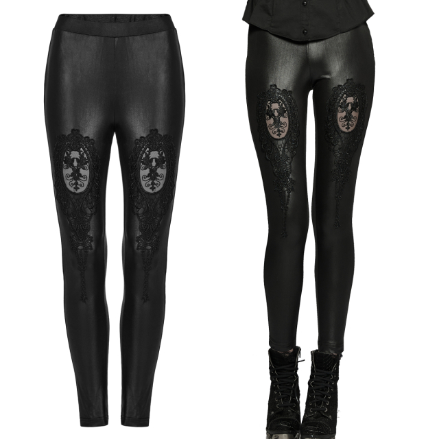 PUNK RAVE wetlook leggings (WK-522BK) with large baroque lace ornament on the thighs