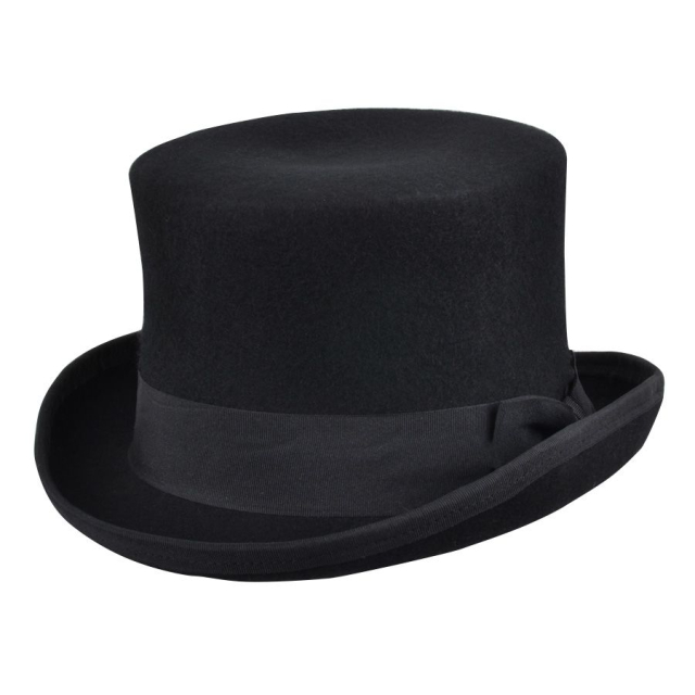 Black unisex top hat made of wool felt with width-adjustable sweatband and plain hatband