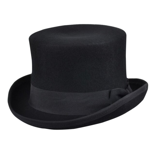 Schwarzer Unisex Zylinder aus Wollfilz mit weitenverstellbarem Schweißband und schlichtem Hutband