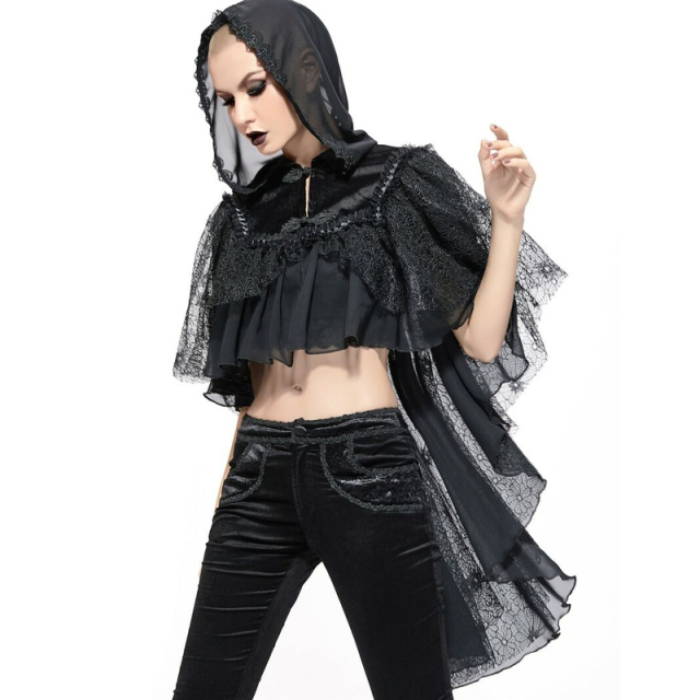 Feminine gothic cape, short at the front and long at the back, with a large chiffon hood, velvety velour around the shoulders and a two-layer cape made of chiffon and lace.