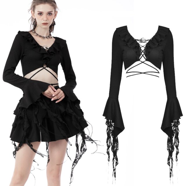Dark in Love Crop Top (TW434) mit langen, fransigen Trompetenärmeln, Volant am V-Ausschnitt und um die Taille gebundenes Band in Wickeloptik