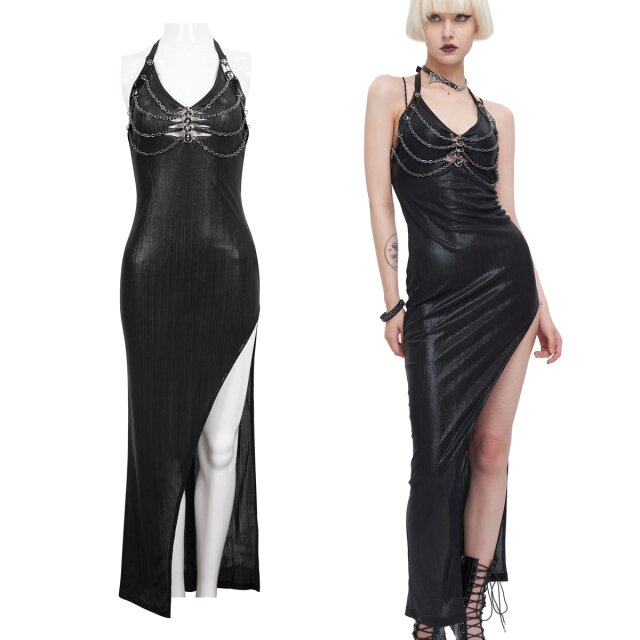 DEVIL FASHION knöchellanges Neckholder Kleid (SKT153) mit Schlitz bis zur Hüfte sowie Ketten-Harness auf der Brust