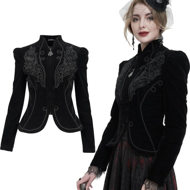 Hip-length, fitted, Victorian Devil Fashion velvet jacket (CT19301 & CT19302) in red or black with large black ornaments, trims and feminine puff sleeves