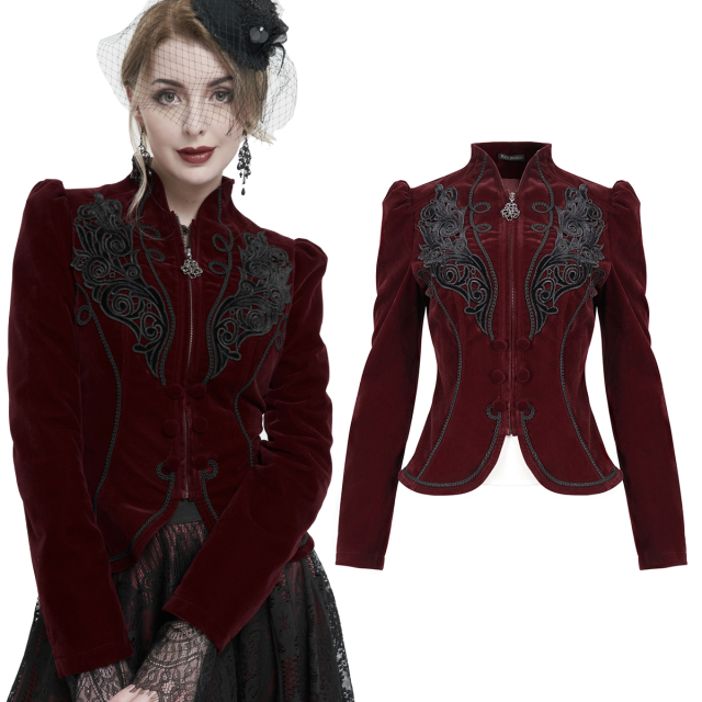 Hip-length, fitted, Victorian Devil Fashion velvet jacket (CT19301 & CT19302) in red or black with large black ornaments, trims and feminine puff sleeves