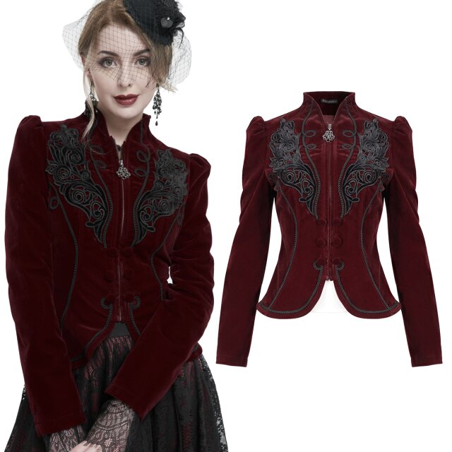 Hüftlange, taillierte, viktorianische Devil Fashion Samtjacke (CT19301 & CT19302) in rot oder schwarz mit großen schwarzen Ornamenten, Borten und femininen Puffärmeln