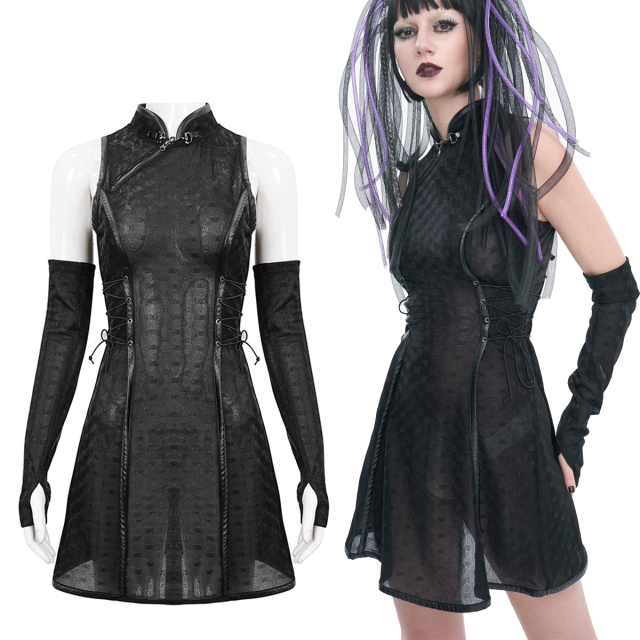 Devil Fashion Chinese Cheongsam mini dress (SKT161) made of semi-transparent shiny cyber-goth material with faux leather details as well as side lacing and separate arm cuffs.