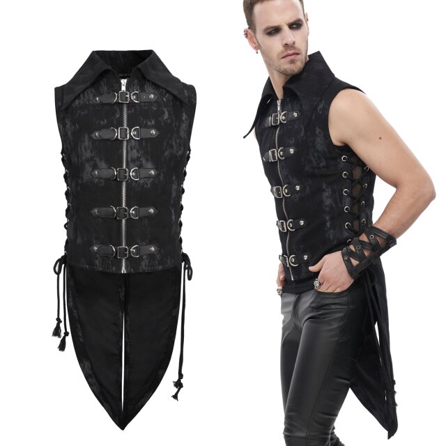 Devil Fashion Punk Weste (WT068) mit Frackschößen und seitlichen Schnürungen, hohem Kragen sowie Reißverschluss und Kunstleder Riemen mit Schnallen aus schwarzem Denim mit grauen Flecken.