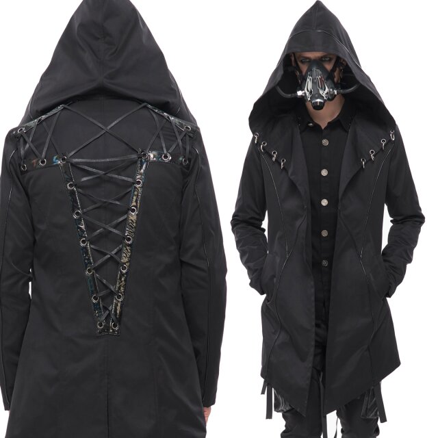 Devil Fashion Kurzmantel (CT195) mit oversized Kapuze mit großen Ringen in Ösen im Piercing-Look, Paspeln und symmetrisch angeordnete Kontrast-Riemen aus Lack mit Zierschnürung