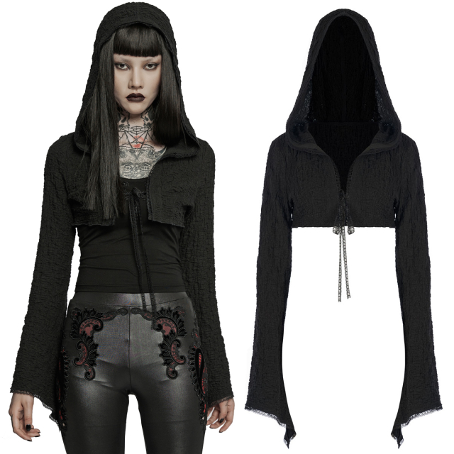 PUNK RAVE bolero (WY-1386XDF BK) with large hood made of super-elastic, coarsely structured crêpe material. Discreet braid decoration and fairy-like flared long sleeves.