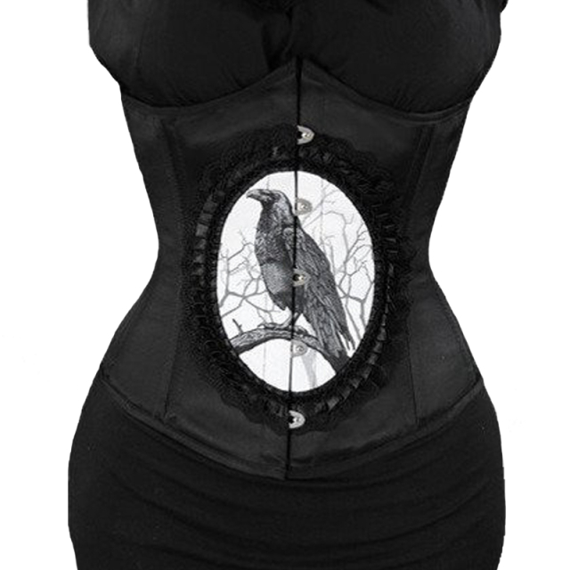 Gothic underbust corset Dark Raven in elegant curved shape made of satin by Restyle with large framed crow print on the front.