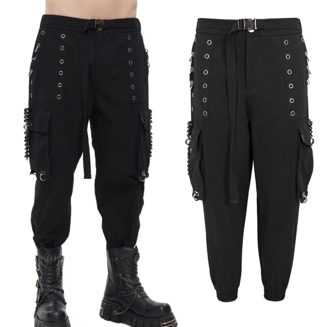 Devil Fashion Gothic Herrenhose (PT183) in relaxtem Joggers Schnitt mit Cargo Taschen großen Ösen und Ringen im Piercing-Look sowie schwarze Wirbelsäulen-Ketten
