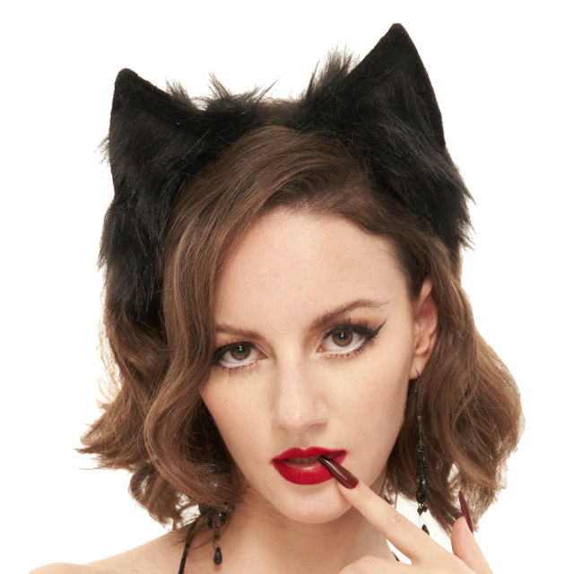 Black fluffy faux fur covered hairband (AS11901) with cat...