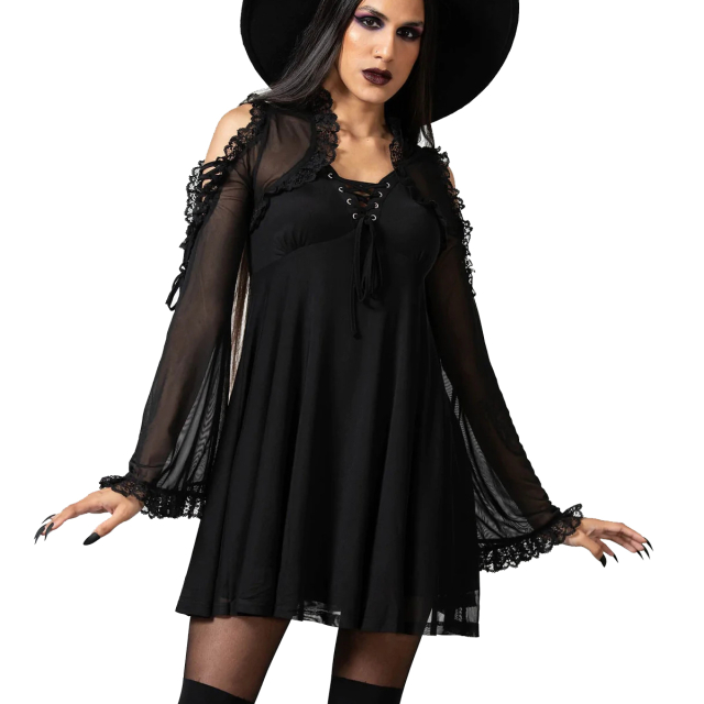 KILLSTAR Haunted Maiden mini dress in skater look made of fine mesh, partly lined, cut-outs with lacing on the shoulder, long trumpet sleeves and delicate ruffle