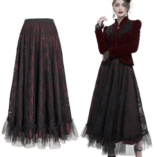 Knöchellanger Devil Fashion Rock (SKT160) in weit schwingendem viktorianischem Stil mit blutrotem, seidigen Unterrock und darüber liegendem schwarzen Spitzenrock mit zartem Tüll-Volant