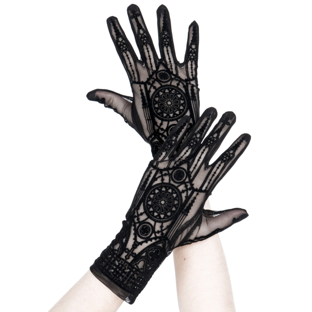 Kurze Restyle Mesh Handschuhe mit samtiger Beflockung in der Optik einer gotischen Kirchen-Fassade