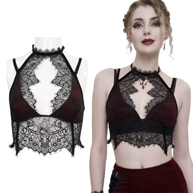 Eva Lady Gothic-Spitzenbustier (ECST005) mit mit schmalem Neckholder und rot gefütterten Triangle-Cups