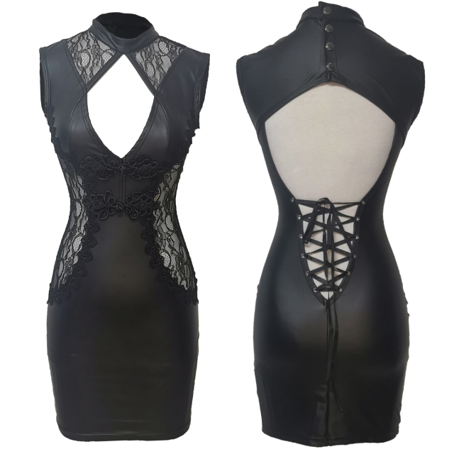 Wet look dress with side lace inserts and deep, lace-up...