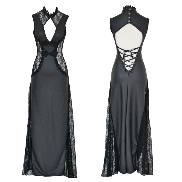 Wetlook-Kleid mit seitlichen Spitzeneinsätzen und tiefem, geschnürtem Rückenausschnitt und kleinem Stehkragen in zwei Längen, entweder knöchellang oder ultra-kurz.