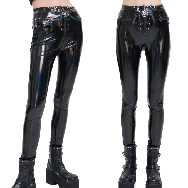 Skin-tight Devil Fashion vinyl Treggings (PT167) with cool holography rainbow shimmer, zip with pentagram, deco zips with heart pendant and rivets