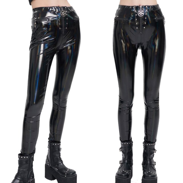 Hautenge Devil Fashion Lack-Treggings (PT167) mit coolem Holographie Regenbogen-Schimmer, Zipper mit Pentagramm, Deko-Reißverschlüssen mit Herz-Anhänger und Nieten