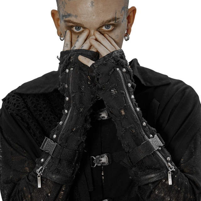 PUNK RAVE arm cuff (WS-521 BK) made of heavy destroyed denim with mesh-lined holes, underarm-length with zip and detachable cotton strap with metal buckle as well as silver-coloured hemisphere rivets with used finish