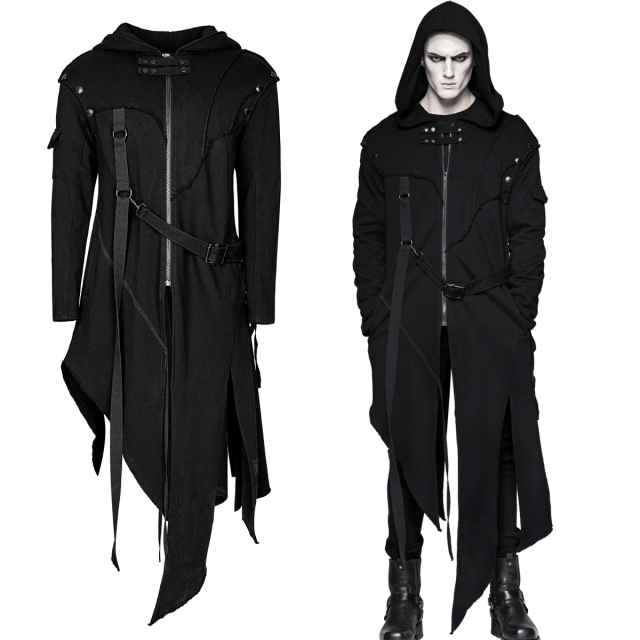 Fringed PUNK RAVE gothic sweat coat (Y-745BK) with detachable sleeves to transform into a Wasteland waistcoat with lots of slanted seams, hood and lacing