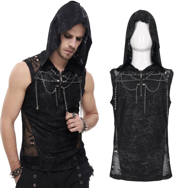 Devil Fashion Tank Top mit Kapuze (TT201) und seitliche Netz-Einsätzen mit Skull-Motiv sowie glänzendem Knitter-Print allover. Reißverschluss und aufwendige Kettenverzierung auf der Brust.