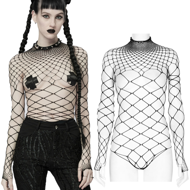PUNK RAVE black fishnet body (WT-782BK) with long sleeves, turtleneck and high leg cut-outs