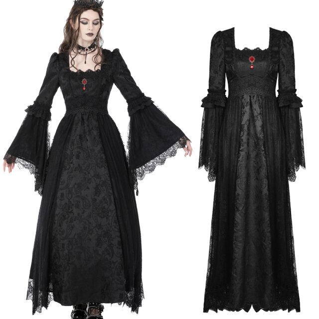 Multi-layered floor-length Victorian goth dress (DW758) by Dark in Love featuring a high empire waist, a plunging square neckline and wide swing flounce sleeves.