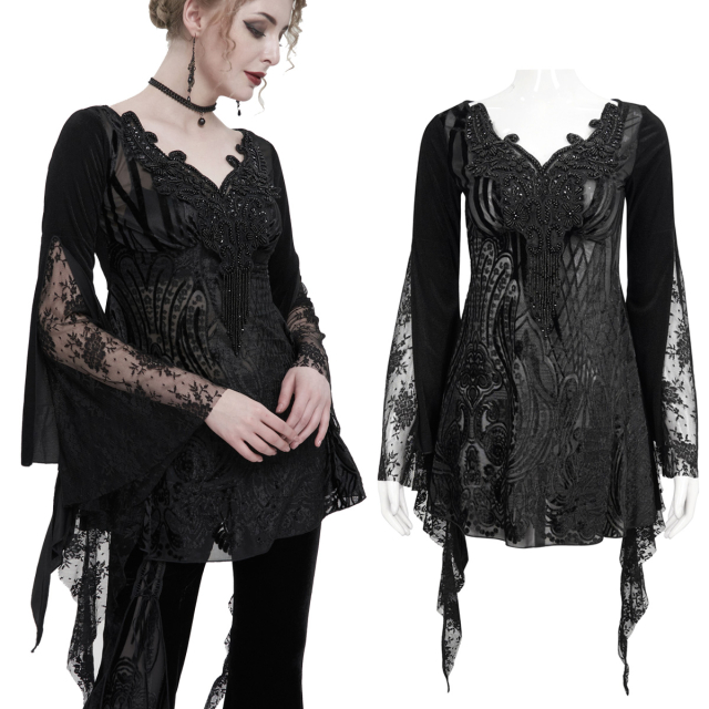 A-line shirt (ETT027) by Eva Lady in baroque patterned burn-out velvet, opaque back and intricate bead embroidery at the neckline