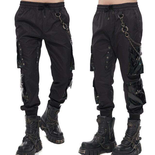Relaxed Devil Fashion Cargo-Jogging Pants (PT185) mit vier großen Cargo Taschen aus glänzendem Lack-Material sowie Riemen und Ösen Deko.