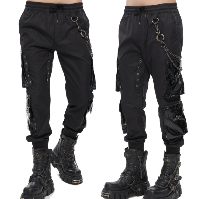 Relaxed Devil Fashion cargo jogging pants (PT185) with four large cargo pockets made of shiny patent material as well as straps and eyelet decoration.