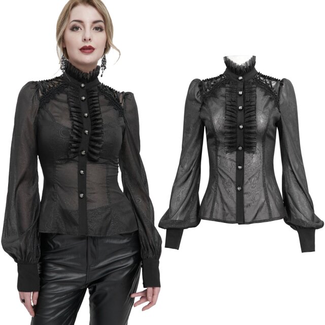 Semi-transparente Devil Fashion Rüschenbluse (SHT090) mit aufgedrucktem Rankenmuster und aufwendiger Schulterpartie mit Schnürung, Spitzenborten und Perlen. Stehkragen und Rüschen aus plissiertem Chiffon mit Spitze.