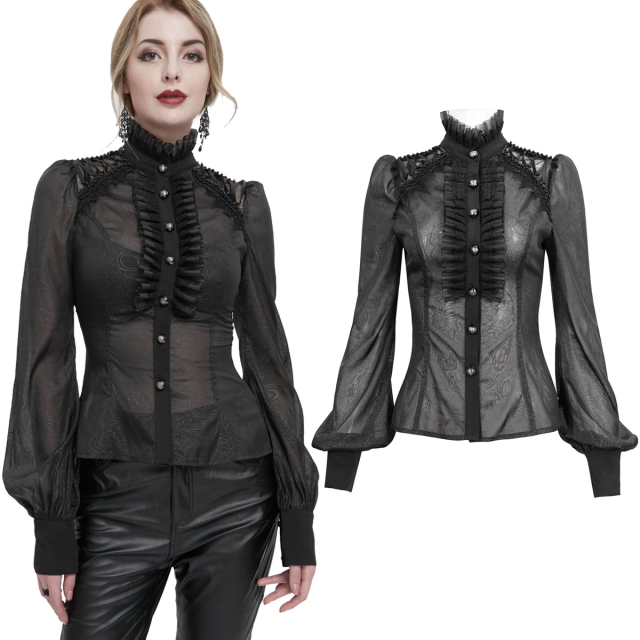 Semi-transparent Devil Fashion ruffle blouse (SHT090) with printed vine pattern and intricate shoulder detail with lacing, lace trims and beading. Stand-up collar and ruffles in pleated chiffon with lace.