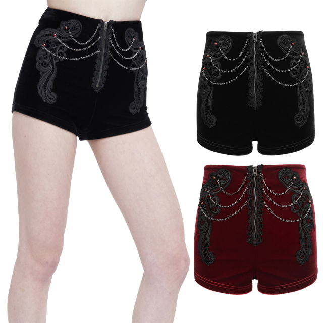 Devil Fashion Retro Samt-Hotpants (PT169 & PT170) im Burlesque-Look in uni-schwarz oder rot-schwarz mit Spitzenapplikation, Schmuckkettchen und Strasssteinen sowie Schnürung im Rücken.