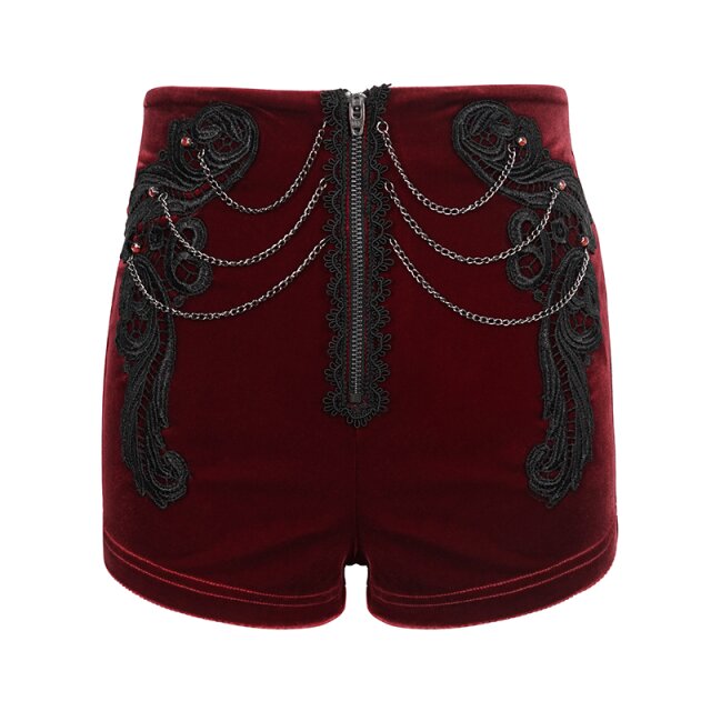 Devil Fashion Retro Samt-Hotpants (PT169 & PT170) im Burlesque-Look in uni-schwarz oder rot-schwarz mit Spitzenapplikation, Schmuckkettchen und Strasssteinen sowie Schnürung im Rücken.