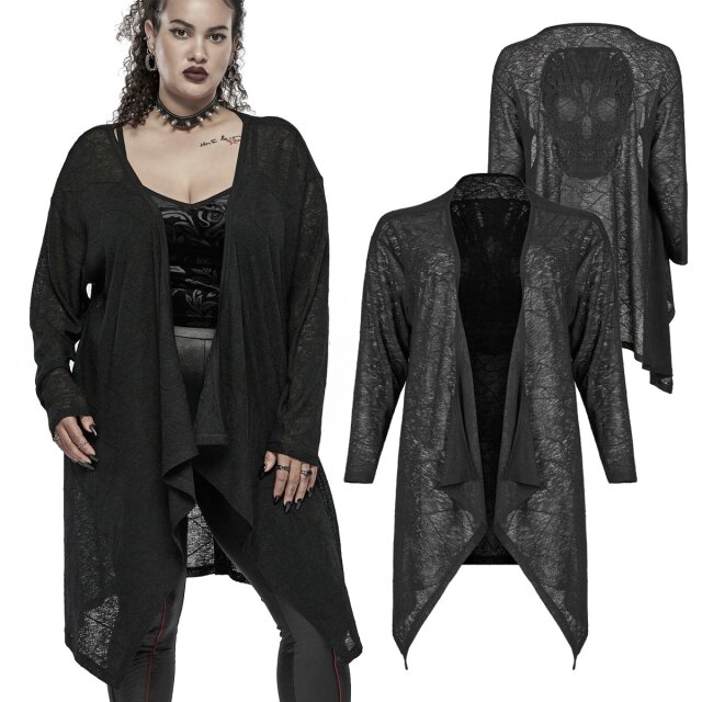 PUNK RAVE Zipfelcardigan (DY-1406) aus der Plus Size Kollektion aus hauchdünnem, unregelmäßigem Strick mit großer Skull-Stickerei auf dem Rücken.