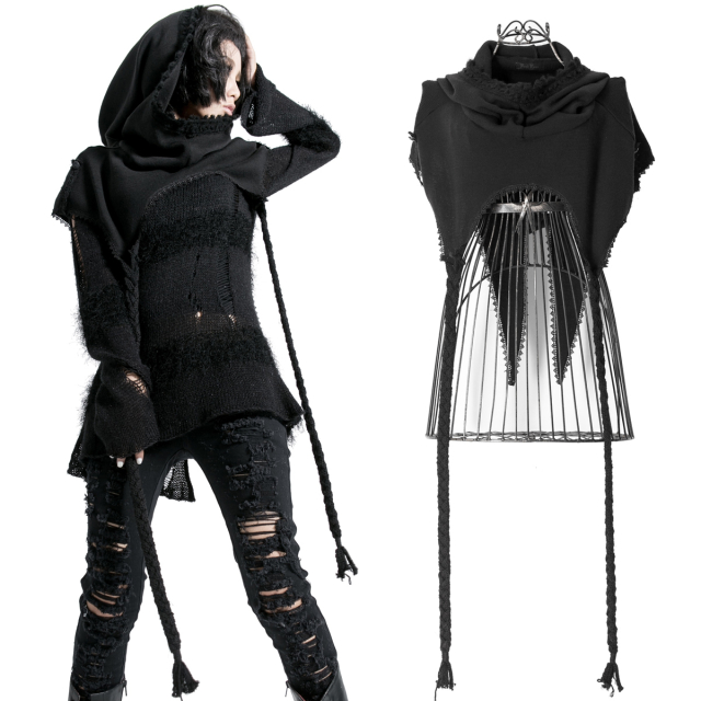 PUNK RAVE knitted hood (S-125) with shoulder cape and long tails in the look of a dark elf with crochet edging and cute long braided wool braids