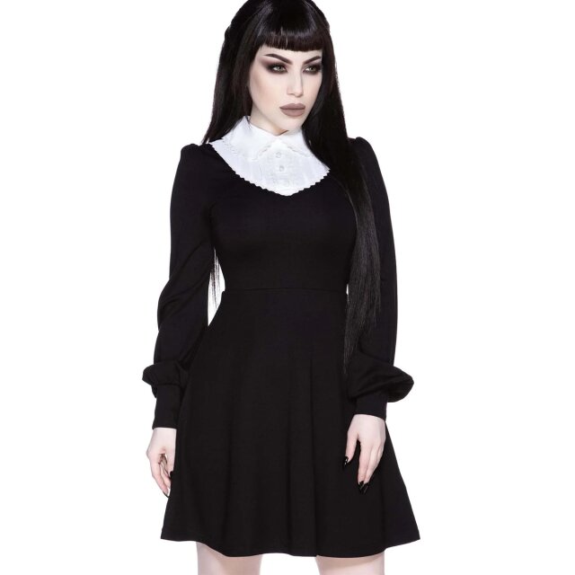 KILLSTAR Bethany Brutal Kleid - süßes kurzes Skater-Kleid im Wednesday-Stil mit weißer Passe mit rüschenbesetztem Kentkragen, Biesen und Knopfleiste. Bauschige Ballonärmel und Reißverschluss hinten.