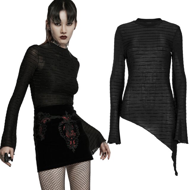 Semi-transparentes Langarm-Shirt (WT-739) mit langem asymmetrischem Saum mit Zipfel über der linken Hüfte. Zarte, samtige Querstreifen und leicht ausgestellte Ärmel
