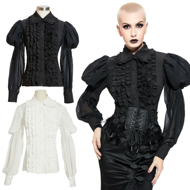 Gothic or steampunk ruffle blouse with ruffle-trimmed shirt collar and airy light chiffon sleeves with heavily puffed upper arm
