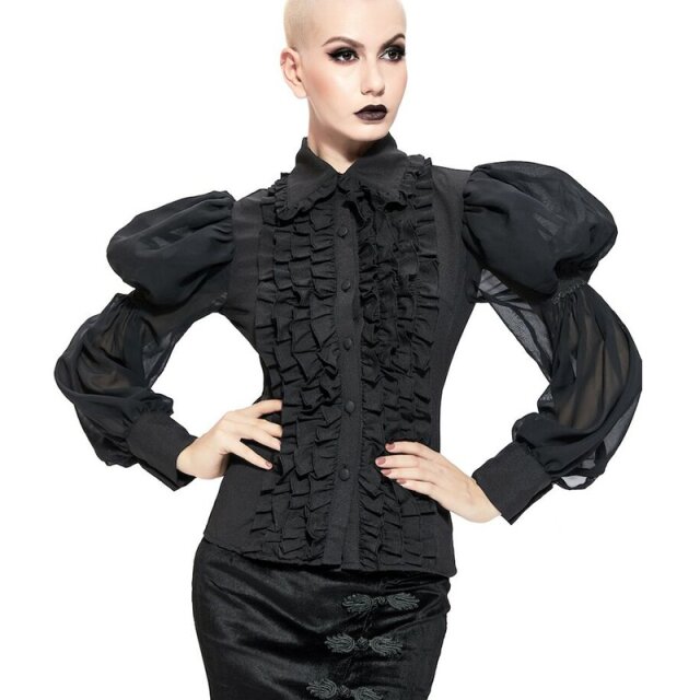 Gothic- oder Steampunk Rüschenbluse mit Rüschen-besetztem Hemdkragen und luftig leichten Chiffonärmeln mit stark gepufftem Oberarm