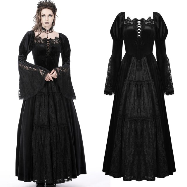 Langes Dark In Love Samtkleid (DW751) in Fit-And-Flare-Linie mit eckigem Ausschnitt mit Spitze, Schnürungen und Puffärmeln mit weitem Trompeten-Abschluss