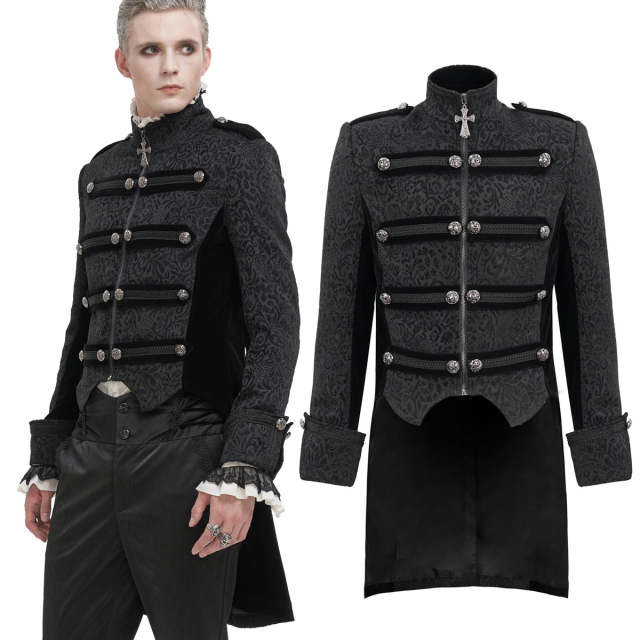 Devil Fashion Tailcoat (CT19901) with baroque tendril pattern and velvet details as well as straight cross straps at the front, narrow stand-up collar and epaulettes as well as turn-up cuffs