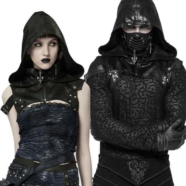 PUNK RAVE WS-275BK Darkly martial gothic accessory: hood made of veggie leather with asymmetrical shoulder section and sternum strap.  Gothic Assassin