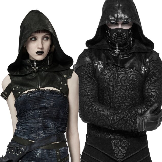 PUNK RAVE WS-275BK Düster-martialische Gothic-Accessoire: Kapuze aus Veggieleder mit asymmetrischer Schulterpartie und Brustriemen. Gothic Assassine