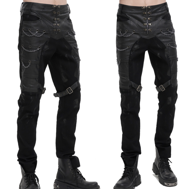 Devil Fashion Gothic Jeans (PT198) in fleckigem Wasteland Look mit großen Kunslederbesätzen, Ketten-Details und Riemen