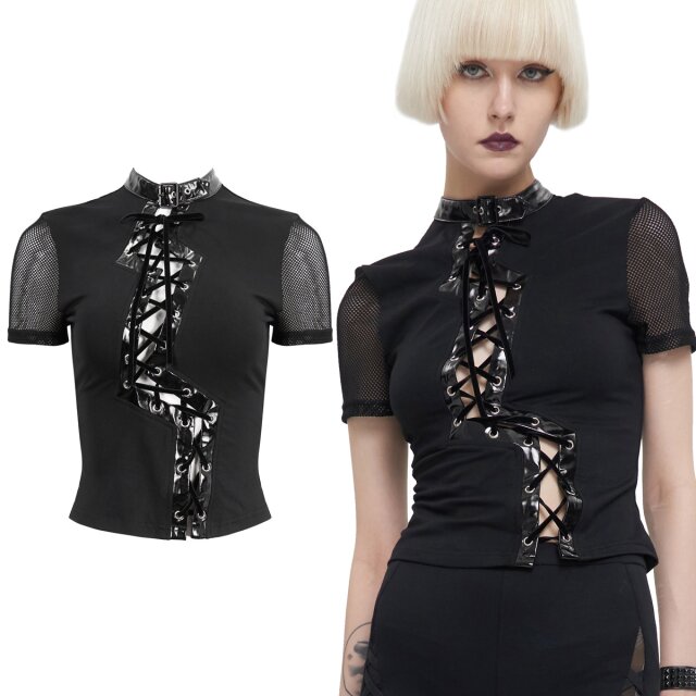 Devil Fashion Kurzarmshirt (TT223) mit angesetztem Lack-Halsband und Schnürung in Form eines Lack-Blitzes über der Vorderseite. Kurze Netz-Ärmel.