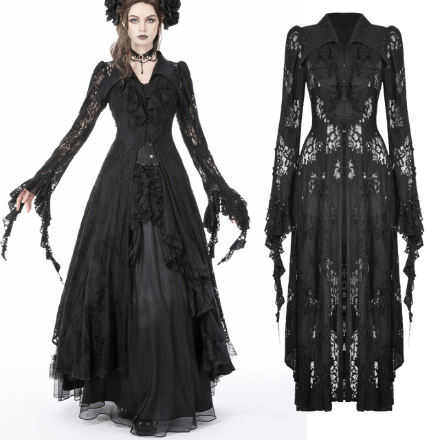 Dark In Love dark romantic gothic lace coat (DW734), longer at the front than at the back with ruffles, long fringed sleeves and side lacing.